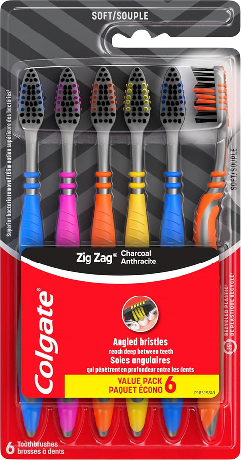 Colgate Zig Zag Charcoal Toothbrush, Adult Soft Toothbrushes, 6 Pack...