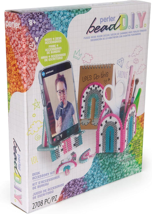 Perler Fused Bead DIY Pencil Cup, Phone Stand, Paper Clip Toppers, and Notebook Cover Desk Accessory Craft Activity Kit, Finished Pattern Sizes Va...