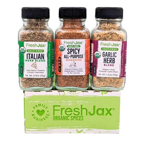 FreshJax Organic Salt Free Spice Blend Gift Set | 3 Spice Sampler Sized Bottles | Spicy All Purpose, Italian Seasoning and Garlic Herb Blend | Han...