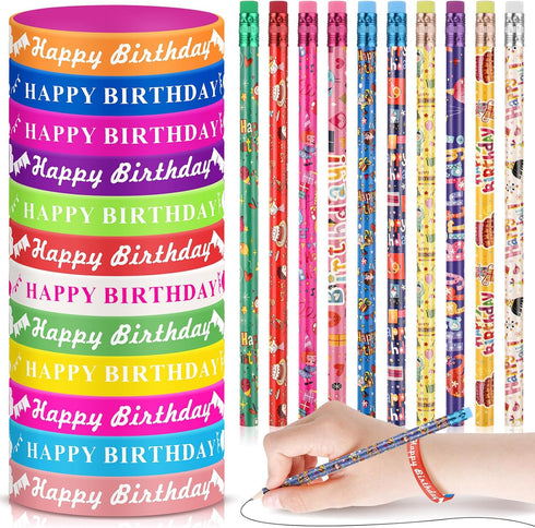 Sabary 48 Pcs Happy Birthday Pencils Rubber Bracelets Set Birthday Party Favors Birthday Pencils Silicone Wristbands Birthday Bracelet for Kids St...