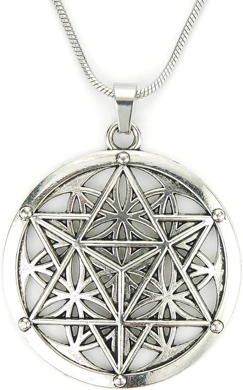 Merkabah on Flower of Life Necklace, Sacred Geometry Merkaba Pendant Merkavah on Stainless Snake Chain...