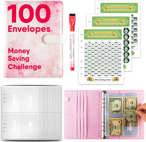 100 Envelopes Money Saving Challenge, A5 Money Saving Budget Binder Challenge Book with Cash Envelopes to Save $500, 5,050, and $10,400 (Pink)...