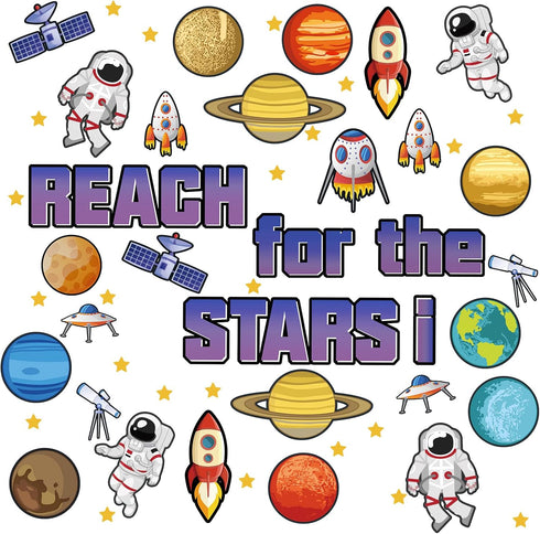 68 Pcs Outer Space Classroom Bulletin Border Decoration Star Cutouts Planet Astronaut Spacecraft Instrument Cutout Reach for The Stars Cutouts for...