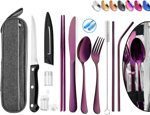Portable Reusable Travel Utensils Silverware with Case,Travel Camping Cutlery set,Chopsticks and Straw, Flatware Cutlery Set with Case, Stainless ...
