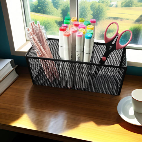 Black Mesh Pencil Holder, Metal Mesh Desk Organize for Pens, Kitchen Utensil Desk Storage,3 Compartments, Small Elegant Office Desk Supplies Organ...