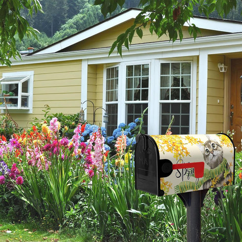 Hello Spring Mailbox Covers Magnetic Standard Size Summer Gold Flowers Cat with Scarf Waterproof Mailbox Wraps Floral Post Letter Box for Courtyar...
