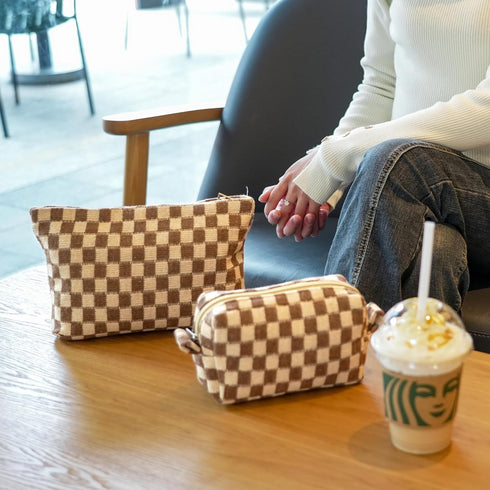 2Pcs Makeup Bag For Women - Large Checkered Knitted Cosmetic Bags&Small Makeup Pouch Aesthetic Design Travel Toiletry Bag Skincare Bag Car Storage...
