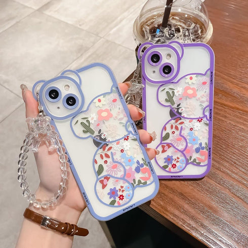 Case for iPhone 11 Pro Max with Cute Flowers Bear Pattern, Camera Protector, Clear Case and Lovely Strap Bracelet Chain for Girls Women, Compatibl...