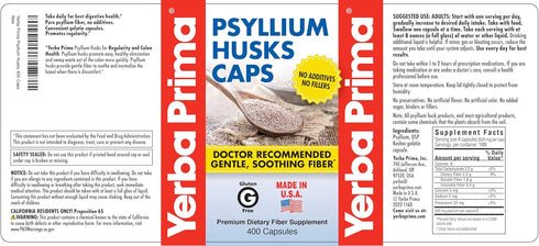 Yerba Prima Psyllium Husks Caps, 625 mg, 400 Capsules - Natural Fiber for Men and Women - Regularity Support Supplement...