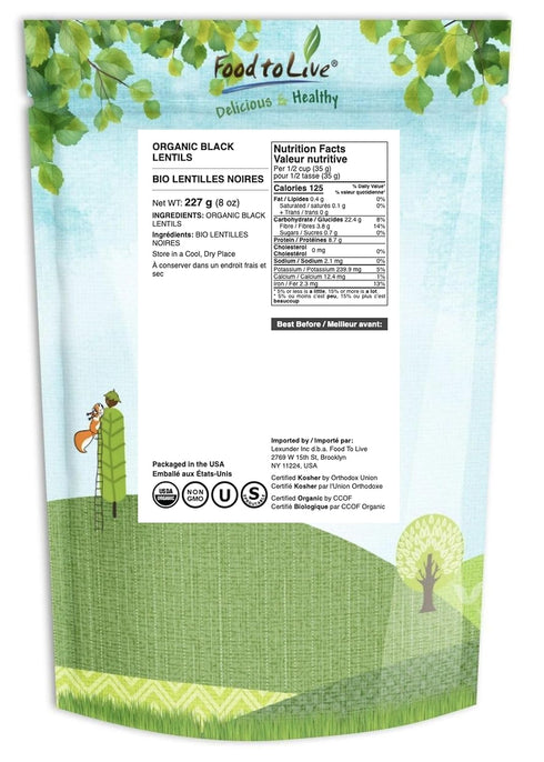 Food to Live Organic Black Lentils, 8 Ounces – Non-GMO, Whole Dry Pulses, Raw, Sproutable, Kosher, Vegan, Bulk Legumes, Black Masoor Daal. Rich in...