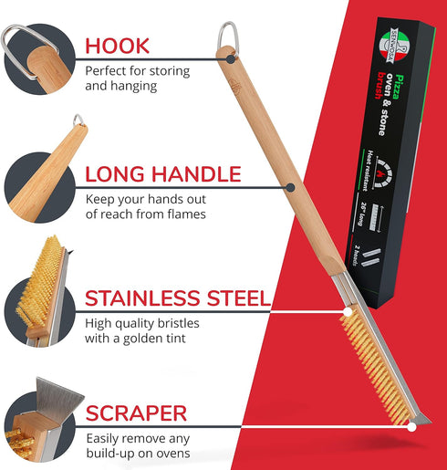 26” Pizza Oven Brush with Stone Scraper - Stainless Steel Bristles, Extra Long Handle, Heat-Resistant - Compatible with Ooni Ovens - Includes Spar...