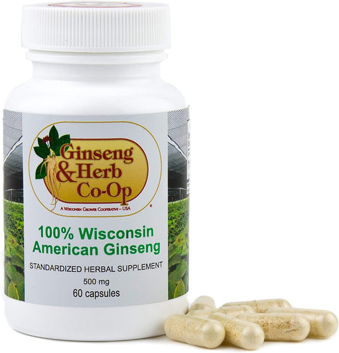 100% Pure Wisconsin American Ginseng Capsules - 500mg. Authentic Panax Quinquefolius. Potent Ground Ginseng Root - No Fillers, Binders or Other Ad...