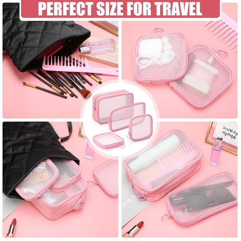 Weewooday 4 Pcs Mesh Makeup Bag Mesh Cosmetic Bag Travel Toiletry Bag Pouch with Zipper Mini Portable Makeup Cosmetic Travel Toiletry Purse Bag fo...