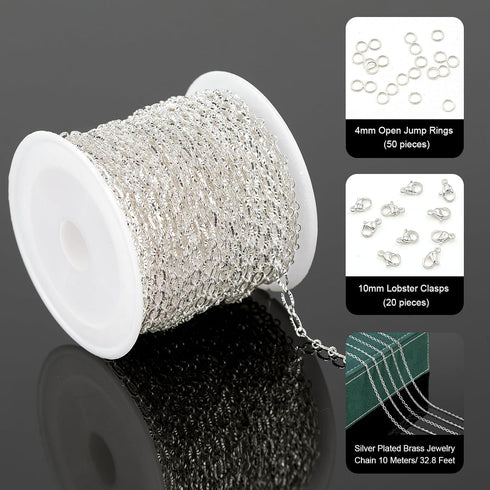 UMAOKANG 32.8 Feet Silver Jewelry Chain for Jewelry Making Silver Plated Brass Chain Roll Women Necklace Bracelet DIY Embossed Oval Cable Chain...