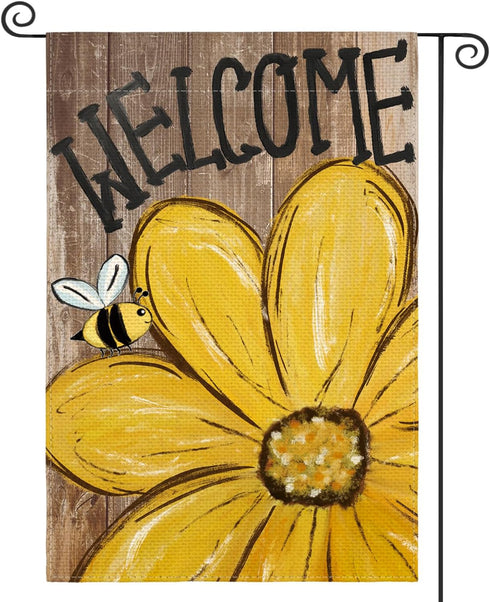AVOIN colorlife Bee Sunflower Spring Summer Garden Flag 12x18 Inch Double Sided Outside, Welcome Wood Grain Yard Outdoor Flag...