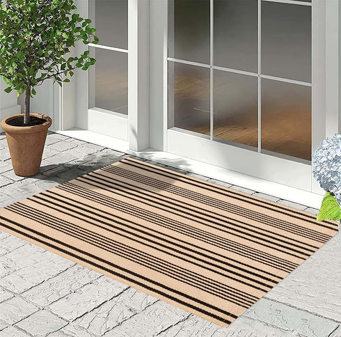 Front Outdoor Door Mat 2'x3',Tan Black Striped Outdoor Rug Machine Washable Cotton Layered Door Mat Entryway Throw Rug for Indoor Entrance...