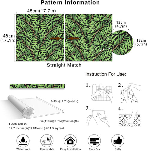 HAOKHOME 93382-1 Peel and Stick Wallpaper Forest Removable Stick on Contact Paper for Kitchen Morris Decor Black/Green/Brown 17.7in x 9.8ft...