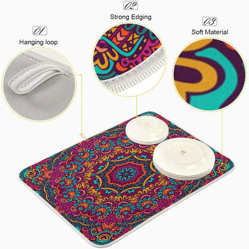 Boho Ethnic Dish Drying Mat Bohemian Mandala Paisley Kitchen Countertop Mat 16 x 18 Inch Absorbent...