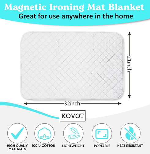 KOVOT Extra-Wide 21" x 32" Portable Magnetic Ironing Mat Blanket. Cotton Laundry Pad for Table, Washer, Dryer or Iron Anywhere On The Go Best Iron...