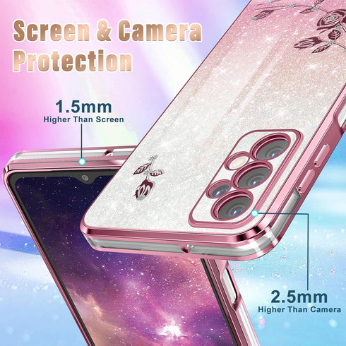 Likiyami (3in1 for Samsung Galaxy A32 5G Case for Women Girls Glitter Girly Cute Bling Flowers Phone Cases with Ring Stand Unique Design Sparkle F...