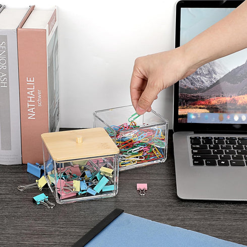 BTSKY Clear Stackable Paper Clip Holder with Bamboo Lid 2-Layer Paperclip Box Thick Acrylic Office Supply Accessory Organizer Square Small Storage...