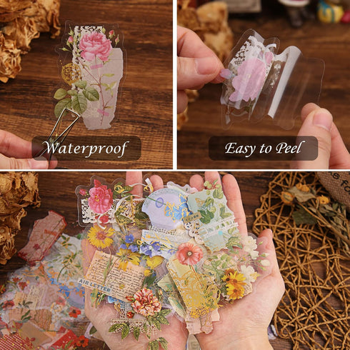 Gold Foil Floral Stickers (180 Pieces), Transparent Aesthetics Sticker Set Vintage Scrapbooking Stickers for Card Making Envelope Gift Wrapping Jo...