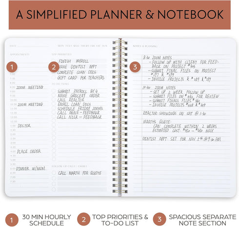 ZICOTO Simplified Daily Planner And Notebook With Hourly Schedule - Aesthetic Spiral To do List Notepad to Easily Organize Your Work Tasks And App...