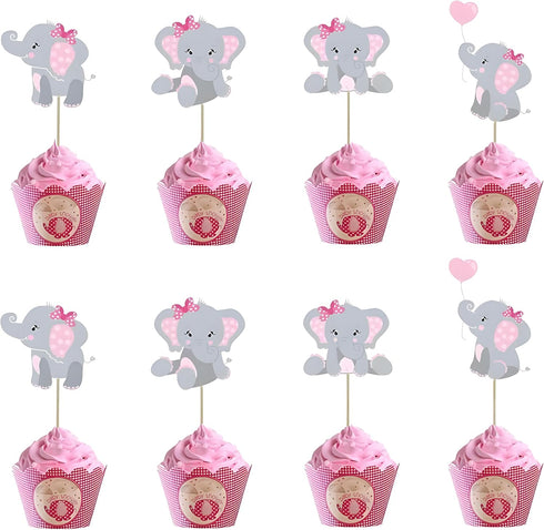 Finduat 48 Pieces Pink Elephant Cupcake Toppers for Girl Baby Shower Decorations Supplies, Baby Girl Birthday Party Supplies(Double Sided)...