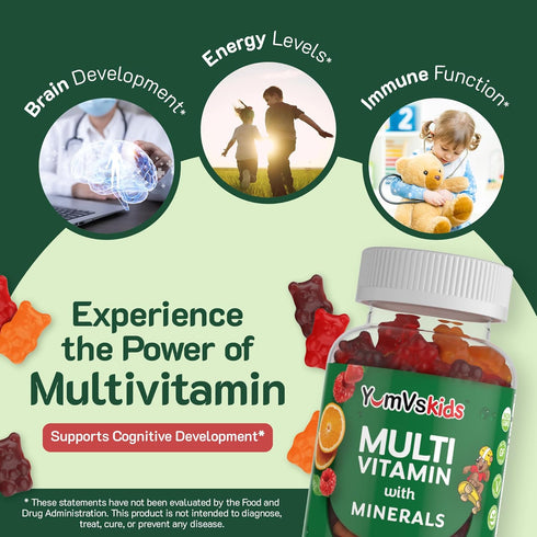 YumVs Kids Multivitamin Gummies - Fruit Flavored Chewable Children's Multivitamin - Kids Vitamins Multivitamin Gummy with 12 Minerals & Vitamins A...