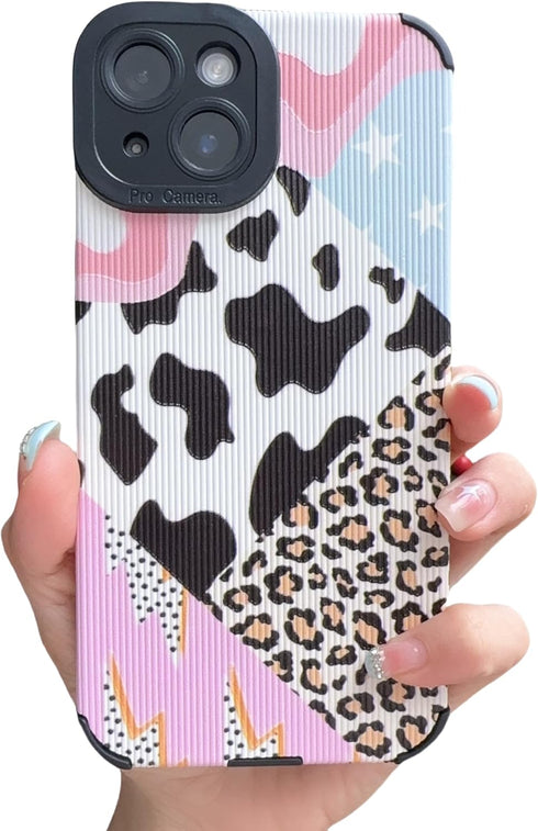 Compatible for iPhone 13 Case, Trendy Leather Animal Leopard with Cute Cow Milk Spot Pattern Design, Shockproof Slim Soft TPU Full Camera Lens Pro...