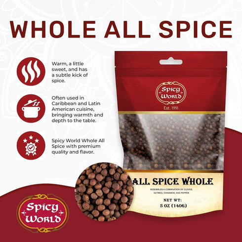 Allspice Whole Berries 5 Ounce Bag - by Spicy World (All Spice) | All Spice Pimento Jamaica Pepper for Cooking & Seasoning | Versatile Berry for C...