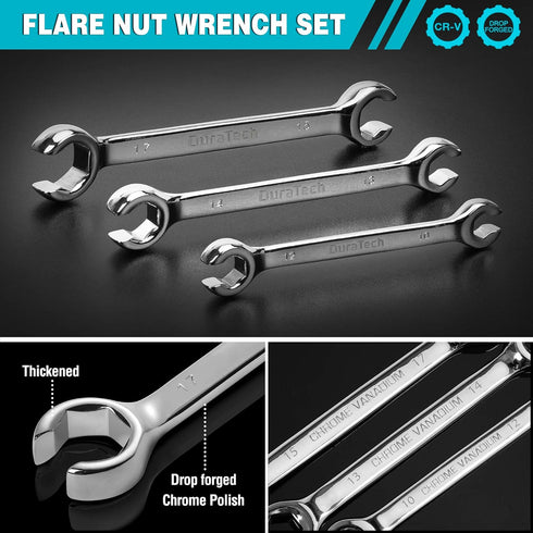 DURATECH Flare Nut Wrench Set, Metric, 3-piece, 10, 12, 13, 14, 15, 17mm, CR-V Steel, Organizer Pouch Included...