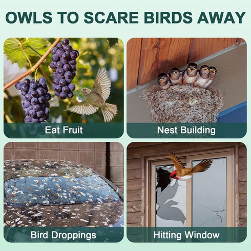 Owls to Keep Birds Away: 4Pcs Fake Owls with Reflective Tape for Garden Patio, Bird Scare Reflective Hanging Decoration to Keep Birds Pigeon Woodp...