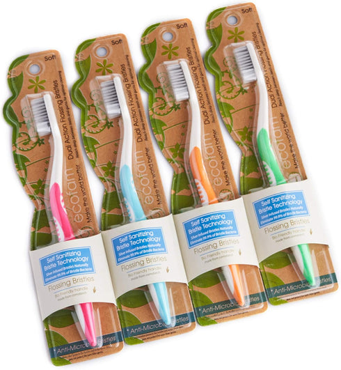 Earth Friendly Compostable Adult Manual Toothbrushes - Silver Infused Soft Bristle Toothbrush (4 Pack) (8 Pack Multi Color)...