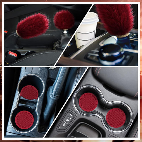 Frienda 6 Pieces Fluffy Car Accessories Set Fluffy Steering Wheel Cover Soft Fuzz Handbrake Cover Gear Shift Cover Bling Car Mirror Fuzz Car Decor...