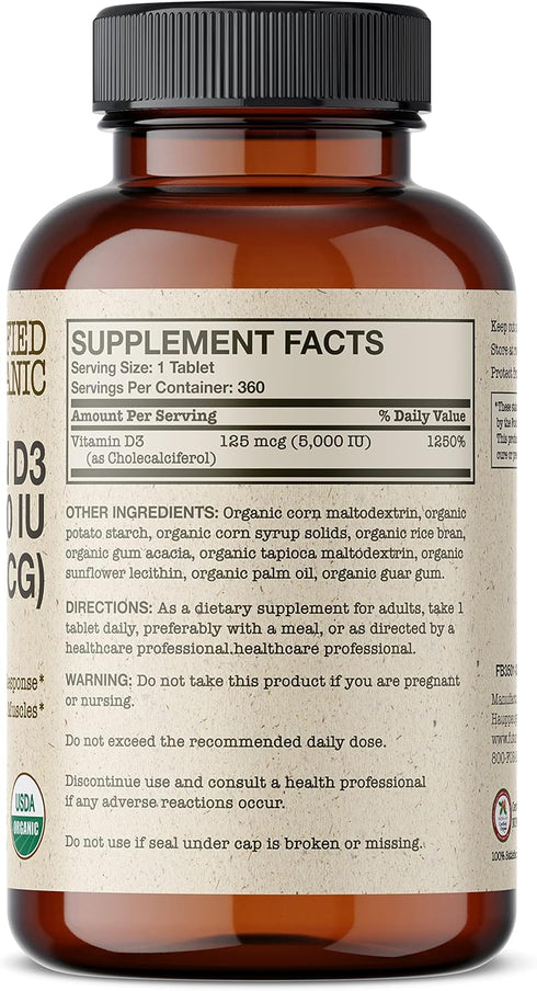 Futurebiotics Vitamin D3 5,000 IU (125 MCG) Supports a Healthy Immune Response, Helps Maintain Strong Bones and Muscles, 360 Organic Tablets (1 Ye...
