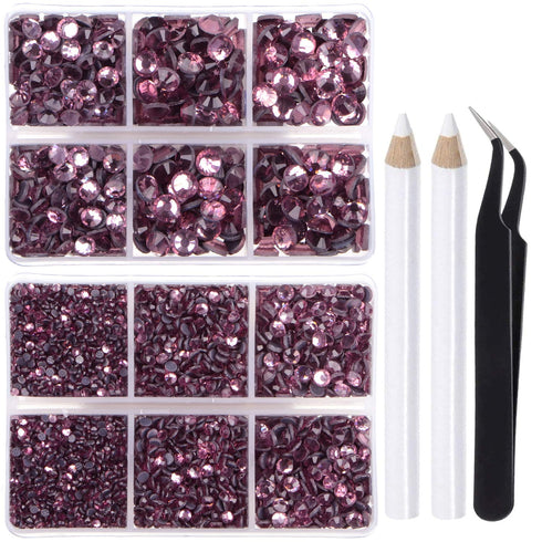LPBeads 6400 Pieces Hotfix Rhinestones Lt Amethyst Flat Back 5 Mixed Sizes Crystal Round Glass Gems with Tweezers and Picking Rhinestones Pen...