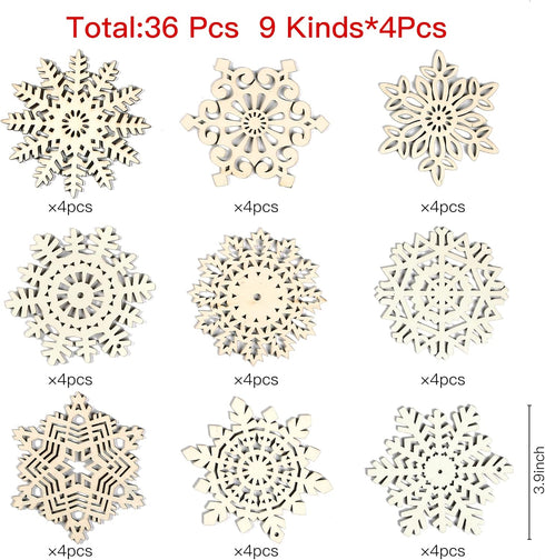 Sggvecsy Unfinished Wooden Snowflakes Ornaments, 36Pcs Christmas Tree Hanging Decoration Wood Cutouts DIY Craft Snowflake Shaped Embellishments Xm...