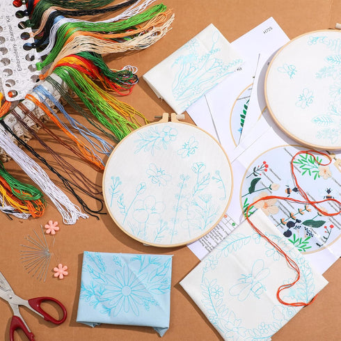 Yinder Embroidery Starter Kit for Beginners 5 Set Cross Stitch Kits for Adults with Floral and Bee Pattern Include 2 Embroidery Hoops, 5 Embroider...