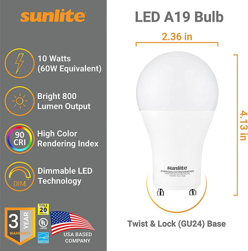 Sunlite A19 GU24 Dimmable Light Bulb, 9 Watts (60WEquivalent) 800 Lumens, 2 Prong LED Twist and Lock Base, 90 CRI, ETL Rated for Enclosed Fixtures...