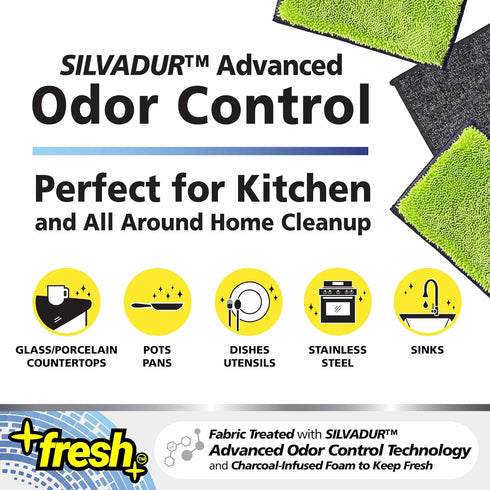 Fresh Professional Microfiber Sponge Cloths, Fabric Treated with SILVADUR Advanced Odor Control Technology and Charcoal-Infused Foam, 6-Pack Spong...