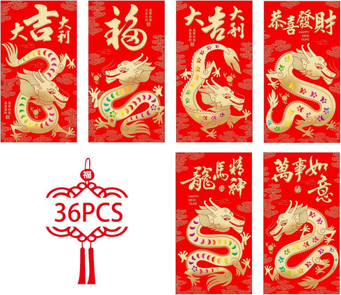 36Pcs Chinese New Year Red Envelopes 2024, Chinese Lunar New Year Dragon Year Lucky Money Envelope Gold Foil, Chinese Hong Bao with 6 Different Go...