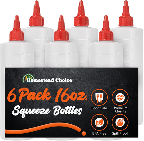 6-pack Plastic Squeeze Bottles for Sauces - 16oz Condiment Squeeze Bottles for Liquids - BPA Free Squirt Bottle with Twist Cap - Ketchup, Syrup, O...