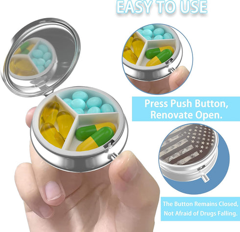 Pill Box, Small Metal Pill Case for Purse & Pocket, 3 Compartment Cute Portable Travel Pillbox Medicine Organizer, Pill Container Holder to Hold M...