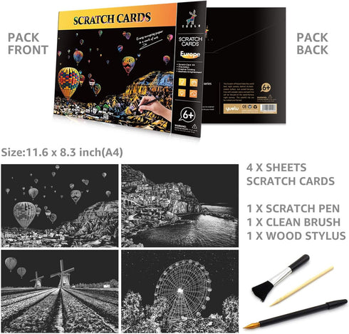 MIASTAR Scratch & Sketch Art for Kids & Adults, Rainbow Painting Night View Scratchboard(A4), Art & Craft, 4 Sheets Scratch Cards & Drawing Pen, C...