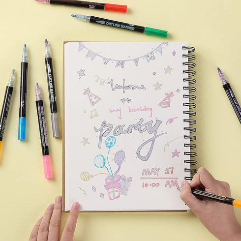 Mr. Pen- Double Line Outline Markers, 10 Colors, Shimmer Markers, Self-Outline Metallic Markers, Outline Pens, Craft Pens...