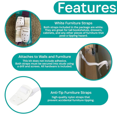 KidCo Anti-Tip Furniture Straps - Anti Tip Safety Straps, TV & Furniture Straps for Child Safety, Two Pack, White...