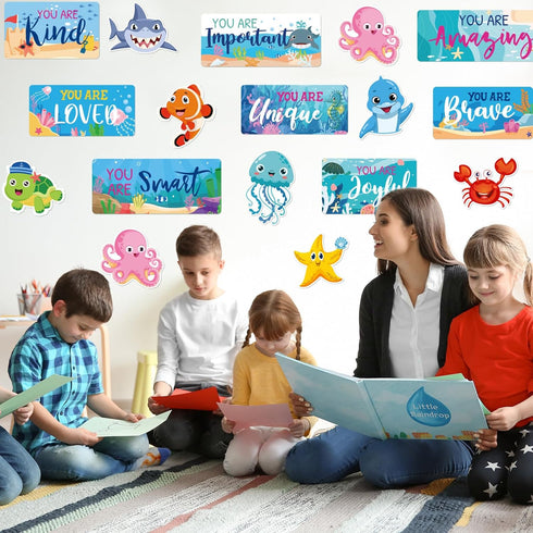 Whaline 26Pcs Ocean Bulletin Board Decoration Set Under The Sea Theme Motivational Poster Marine Animals Cutouts for Back to School Home Classroom...
