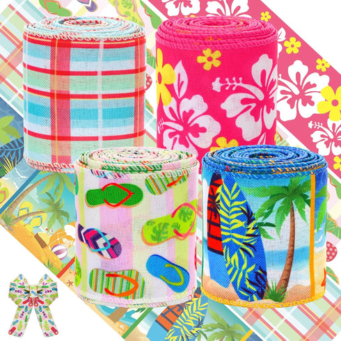 Ceenna 4 Rolls of 20 Yards Summer Ribbon 2.5 Inch Wide Wired Ribbon Flip Flops Surfboards Hibiscus Tropical Leaves Print for DIY Craft Wreath Part...