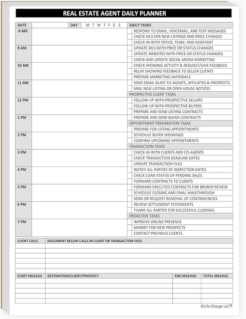 Real Estate Agent Supplies - Daily Planner Task List Notepad. Simple one page document with calendar, task lists, call and mileage log. Keep organ...